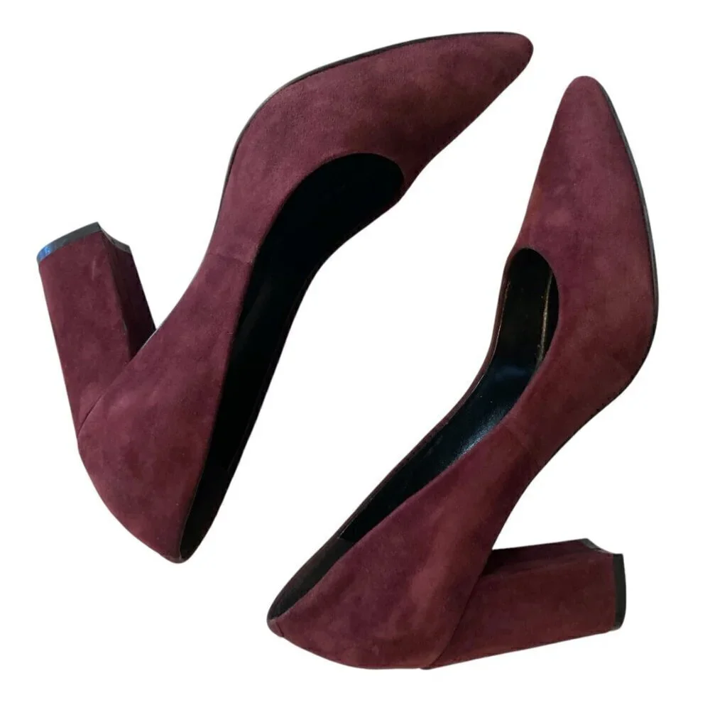 MARC FISHER Suede Pointed Toe Stacked Block Heel Pumps Eggplant Purple